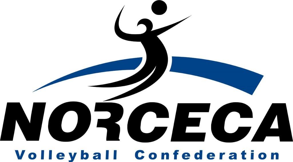 Das Bild zeigt das Logo der Norceca  - der North, Central America and Caribbean Volleyball Confederation. Zu sehen ist ein Strichmenschen in typischer Volleyballpose, wo es nach dem Ball schlägt