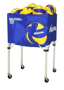 Das Bild zeigt den Mikasa Ballwagen BCSPH im blau gelben Design. Er eignet sich für 15 - 30 Volleybälle.