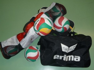 Das Bild zeigt 3 Volleyball-Balltaschen und 3 Volleybälle von Molten und Erima.. 