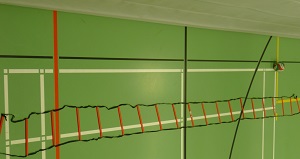 Das Bild zeigt eine schwarze Koordinationsleiter (Trainingsleiter) mit roten Sprossen