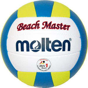 Das Bild zeigt den Molten Beach Master MBVBM. Das ist ein blau, gelb und weißer Beachvolleyball.