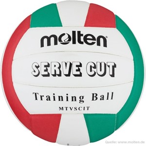 Das Bild zeigt den Molten Liberoball Serve Cut für das spezielle Training des Liberos im Volleyball. Der Ball ist in den Farben weiß, grün und rot gehalten.