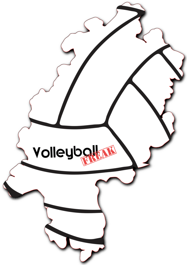 Das Bild zeigt die Umrisse von Hessen. In der Fläche von des Landes sind die Umrisse eines Volleyballs zu sehen. Desweiteren ist in der Mitte das Logo von VolleyballFREAK