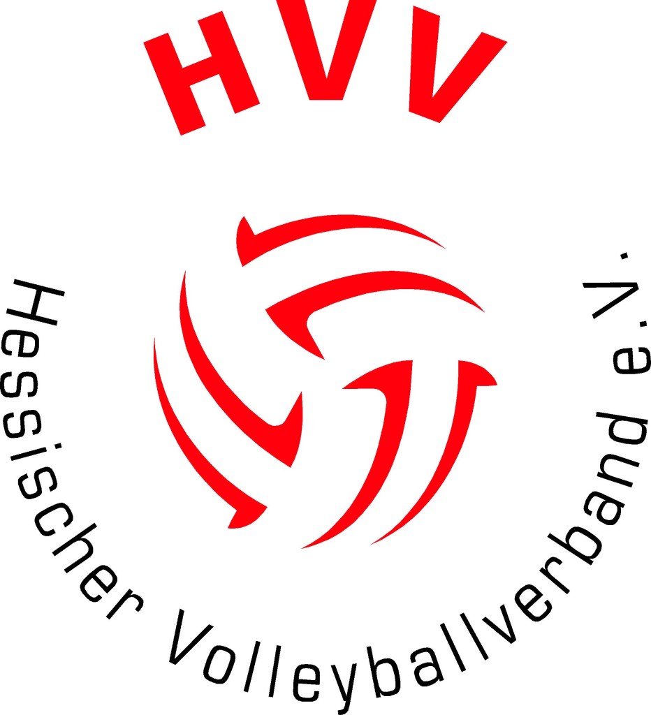 Das Bild zeigt das Logo des hessischen Volleyballverbandes. In der Mitte befinden die roten Konturen eines Volleyballs.