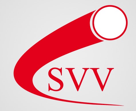 Das Bild zeigt das Logo des saarlaendischen Volleyball-Verband (SSV). Es ist ein weißer Volleyball mit einen roten Schweif. Dazu kommt der rote Schriftzug SSV.