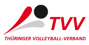 Das Bild zeigt das Logo des Thüringer Volleyball Verbandes (TVV). Es ist an das Logo vom DVV angelegt und mit roter Schrift versehen.