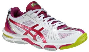 Das Bild zeigt den weiß-pinken Volleyballschuh Asics Gel-Elite 2.