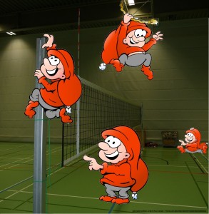Das Bild zeigt 4 Heinzelmännchen wie sie ein Volleyballnetz aufbauen!