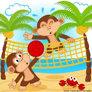 Das Bild zeigt 2 Affen beim Affentennis (Volleyball) am Strand. Das Netz ist zwischen 2 Palmen gespannt! Ein Krebs schaut zu!
