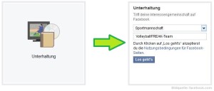 Das Bild zeigt die ersten 2 Schritte für das erstellen der Fanpage einer Sportmannschaft