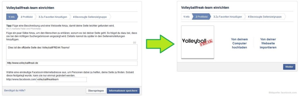 Das Bild zeigt 2 Schritte der Konfiguration eine Facebook-Fanpage für das Sportteam!