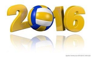 Das Bild zeigt die Jahreszahl 2016 in goldener Schrift. Dabei ist die Null ein blau weiß gelber Volleyball. Das Bild steht symbolisch für (Beach)Volleyballtermine 2016.