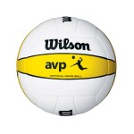 Das Foto zeigt den Wilson AVP Game Ball. Er ist weiss mit einem gelben Streifen. Der Wilson Beachvolleyball ist offizieller Ball der AVP-Tour.