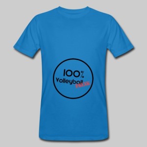 Das Bild zeigt ein blaues Herren T-Shirt mit dem Motiv 100% VolleyballFREAK