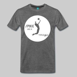 Das Foto zeigt ein graues Volleyball T-Shirt mit Motiv "Spike like a VolleyballFREAK"