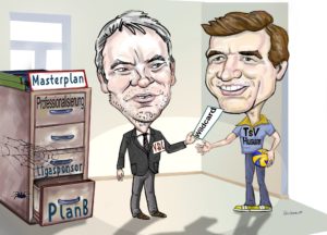 Dies ist eine Karikatur, wo die VBL dem TSV Husum symbolisch die Wildcard als Plan B für die Volleyball Bundesliga übergibt. Der Mastplan mit der Schublade Ligasponsor ist eingestaubt. Dies wird duch ein Spinnennetz symbolisiert.