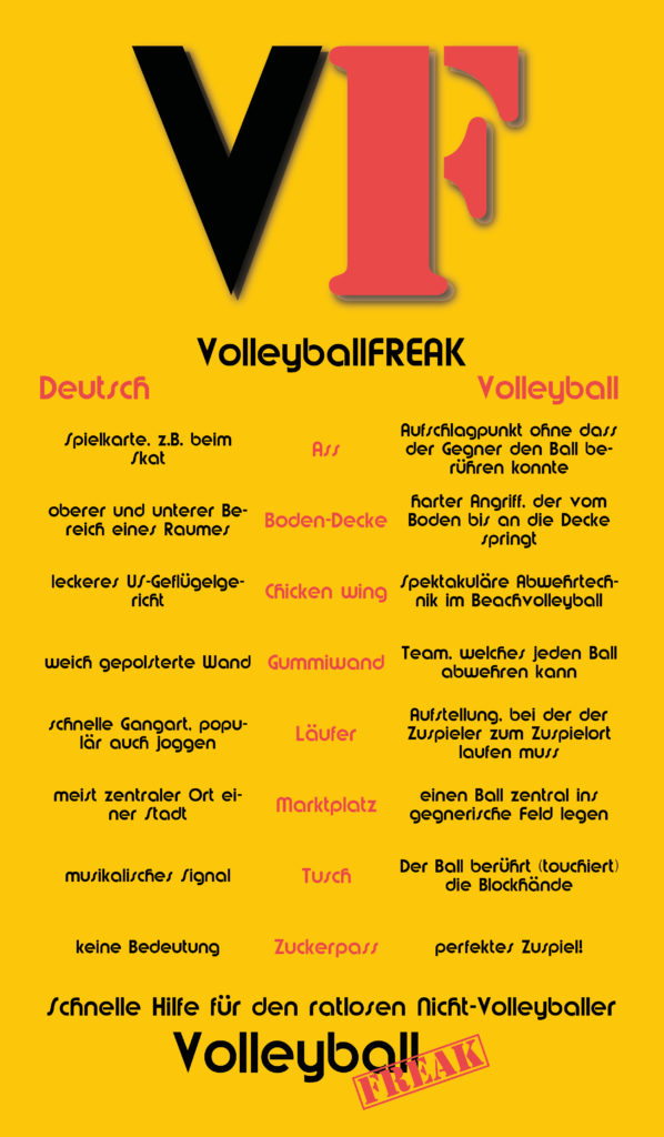 Dies ist eine Infografik für Nicht-Volleyballer mit typischen Volleyballbegriffen, deren Bedeutung sich nicht gleich erschließen.