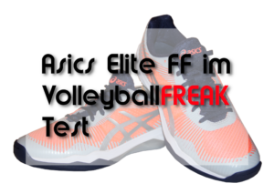 Das Foto zeigt die Volleyballschuhe Asics Elite FF im Test. Darüber liegt eine halbdurchsichtige Ebene mit dem Schriftzug Asics Elite FF im VolleyballFREAK Test.