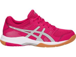 Das Foto zeigt die Asics GEL-Rocket 8 für Damen in pink auf weißem Hintergrund.