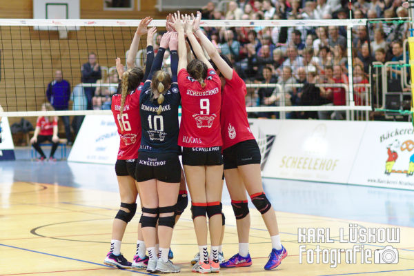 Das Foto zeigt die Stralsunder Wildcats beim Blockjubel in der 2. Volleyball Bundesliga.