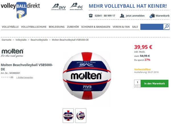 Das ist ein Screenshot des Molten Beachvolleyballs V5B5000 im Onlineshop Volleyballdirekt.de mit Liefertermin Ende Juli 2018. 