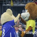 Das Schweriner und Stuttgarter Maskottchen mit einem High Five.